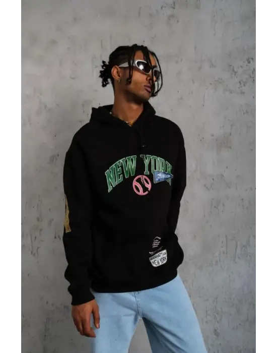 SBRD- Erkek 3 İplik Pamuklu Kapüşonlu Baskılı Cepli Oversize Sweatshirt Hoodie - Siyah