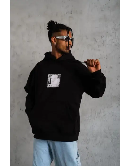 SBRD- Erkek 3 İplik Pamuklu Kapüşonlu Baskılı Cepli Oversize Sweatshirt Hoodie - Siyah