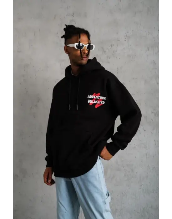 SBRD- Erkek 3 İplik Pamuklu Kapüşonlu Baskılı Cepli Oversize Sweatshirt Hoodie - Siyah