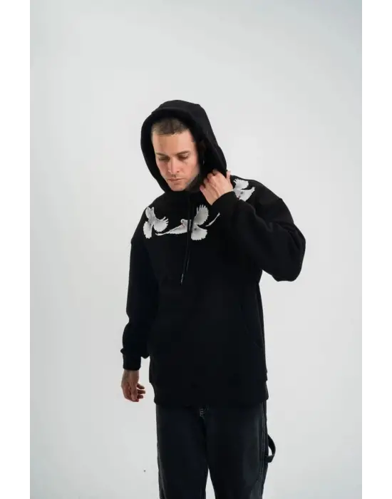 SBRD- Erkek 3 İplik Pamuklu Kapüşonlu Baskılı Cepli Oversize Sweatshirt Hoodie - Siyah
