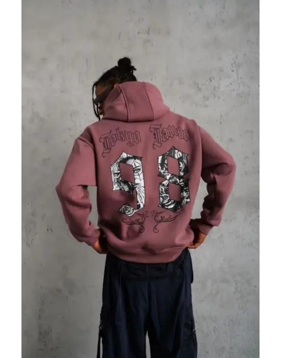 SBRD- Erkek 3 İplik Pamuklu Kapüşonlu Baskılı Cepli Sweatshirt Hoodie - Gül Kurusu