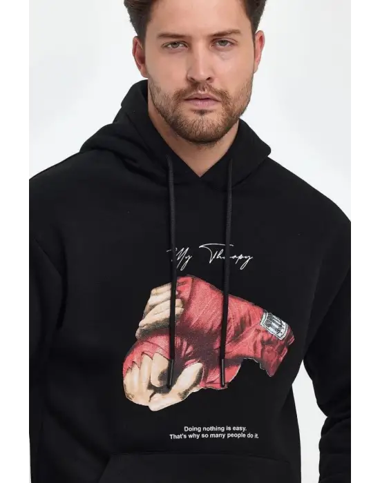 SBRD- Erkek 3 İplik Pamuklu Kapüşonlu Cepli Boxy Eldiven Baskılı Hoodie Sweatshirt - Siyah
