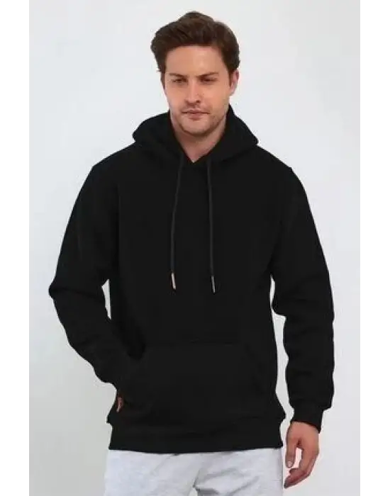 SBRD- Erkek 3 İplik Pamuklu Kapüşonlu Cepli Oversize Hoodie Sweatshirt - Siyah