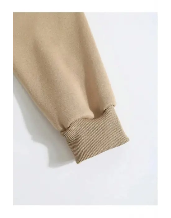 SBRD- Erkek 3 İplik Pamuklu Kapüşonlu Kanguru Cepli Sweatshirt Hoodie -  Bej