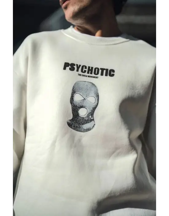 SBRD- Erkek 3 İplik Pamuklu Kışlık Bisiklet Yaka Baskılı Sweatshirt - Beyaz