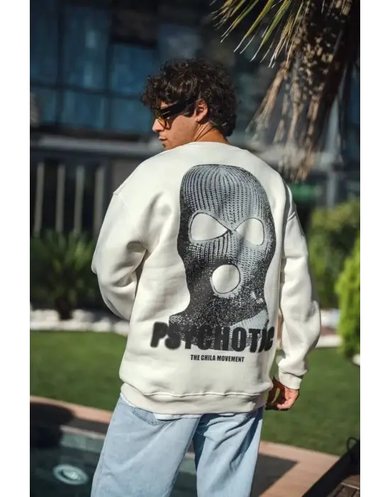 SBRD- Erkek 3 İplik Pamuklu Kışlık Bisiklet Yaka Baskılı Sweatshirt - Beyaz