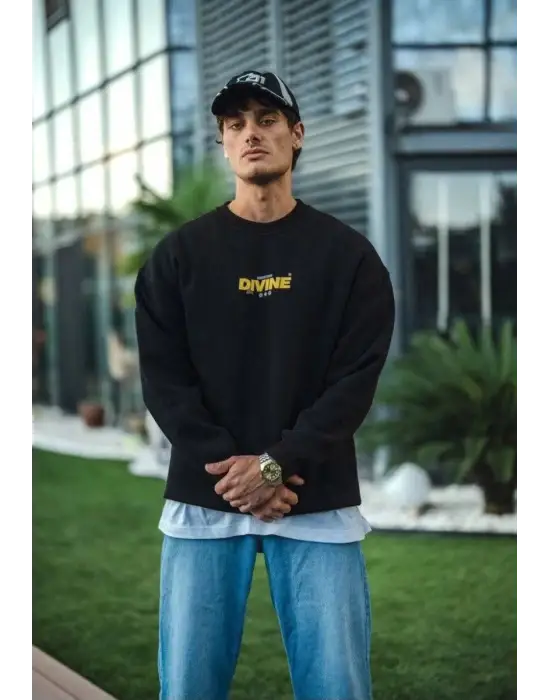SBRD- Erkek 3 İplik Pamuklu Kışlık Bisiklet Yaka Baskılı Sweatshirt - Siyah
