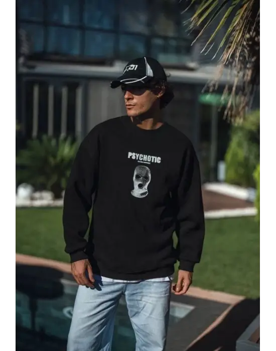 SBRD- Erkek 3 İplik Pamuklu Kışlık Bisiklet Yaka Baskılı Sweatshirt - Siyah