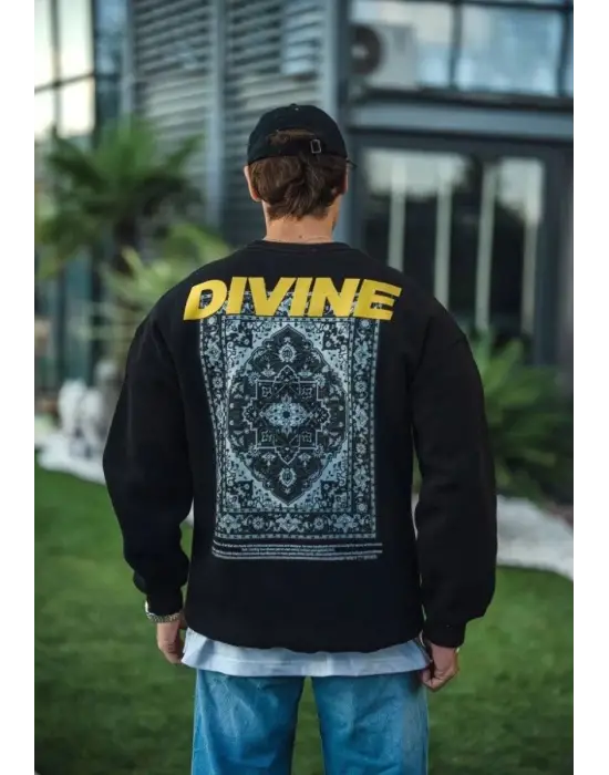 SBRD- Erkek 3 İplik Pamuklu Kışlık Bisiklet Yaka Baskılı Sweatshirt - Siyah