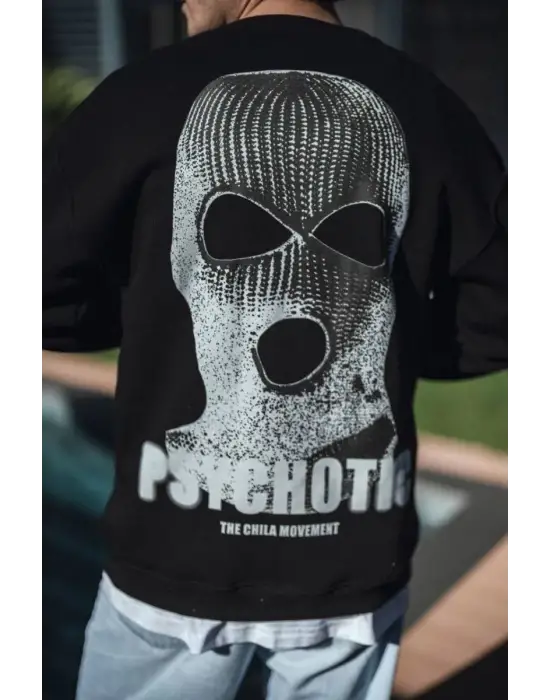 SBRD- Erkek 3 İplik Pamuklu Kışlık Bisiklet Yaka Baskılı Sweatshirt - Siyah