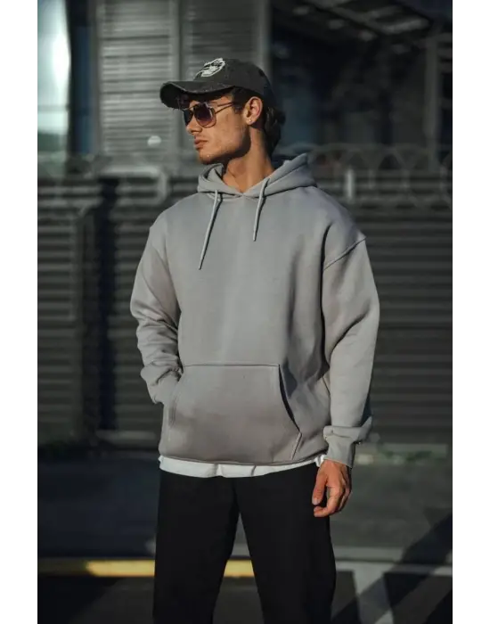 SBRD- Erkek 3 İplik Penye Kapüşonlu Basic Sweatshirt Hoodie - Boyalı Gri