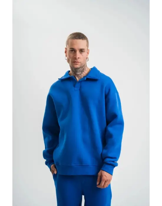 SBRD- Erkek Açık Yakalı Oversize 3 İplik Pamuklu Sweatshirt - Mavii