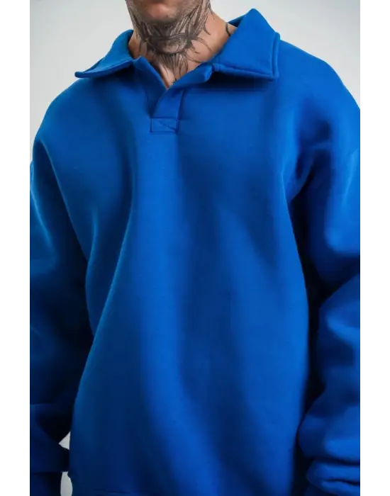 SBRD- Erkek Açık Yakalı Oversize 3 İplik Pamuklu Sweatshirt - Mavii