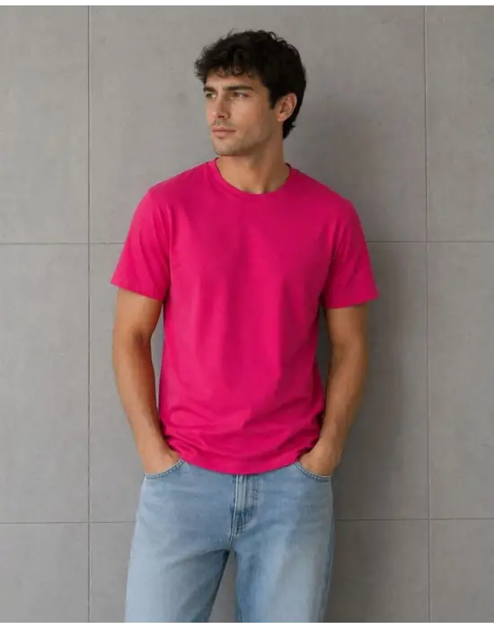 SBRD- Erkek Basic Pamuklu Tişört Bisiklet Yaka Düz Renk Regular Fit T-shirt - Fuşya