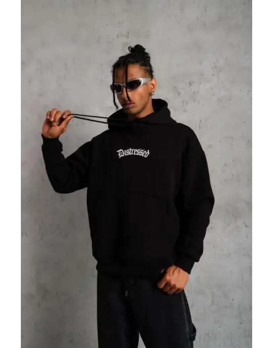 SBRD- Erkek Baskılı Kapüşonlu 3 İplik Pamuklu Hoodie Sweatshirt - Siyah