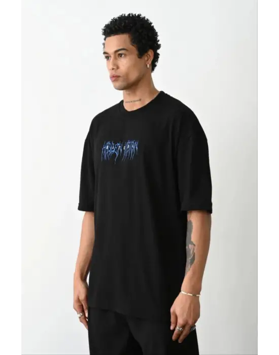 SBRD- Erkek Baskılı Oversize  Kısa Kol T-shirt - Siyah