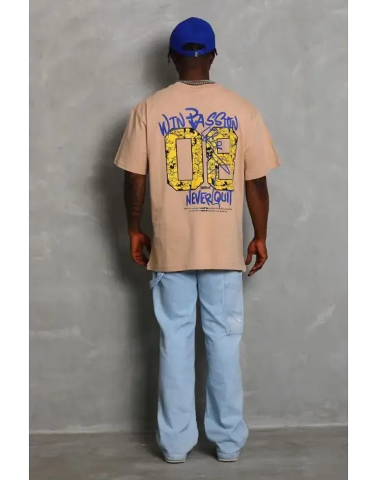 SBRD- Erkek Baskılı Tişört Kısa Kol Bisiklet Yaka Oversize T-shirt - Bej