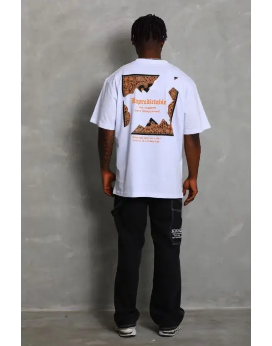 SBRD- Erkek Baskılı Tişört Kısa Kol Bisiklet Yaka Oversize T-shirt - Beyaz