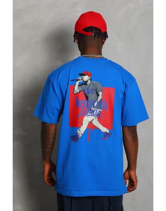 SBRD- Erkek Baskılı Tişört Kısa Kol Bisiklet Yaka Oversize T-shirt - Mavi