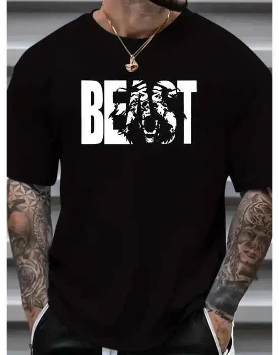 SBRD- Erkek Baskılı Tişört Kısa Kol Bisiklet Yaka Oversize T-shirt - Siyah