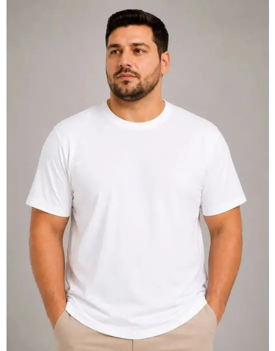SBRD- Erkek Battal Big Size Basic Tişört Bisiklet Yaka Rahat Kalıp T-shirt - Beyaz