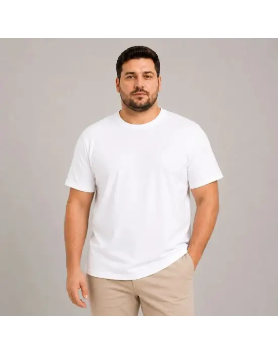 SBRD- Erkek Battal Big Size Basic Tişört Bisiklet Yaka Rahat Kalıp T-shirt - Beyaz