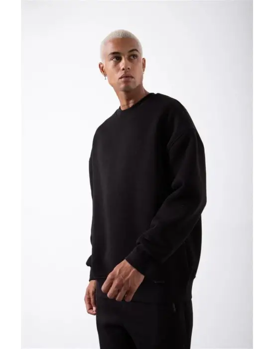 SBRD- Erkek Bisikilet Yaka 3 İplik Pamuklu Sweatshirt - Siyah