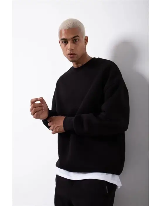 SBRD- Erkek Bisikilet Yaka 3 İplik Pamuklu Sweatshirt - Siyah