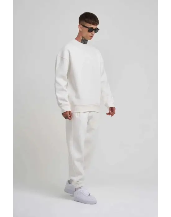 SBRD- Erkek Bisikilet Yaka 3 Plik Pamuklu Sweatshirt - Beyaz