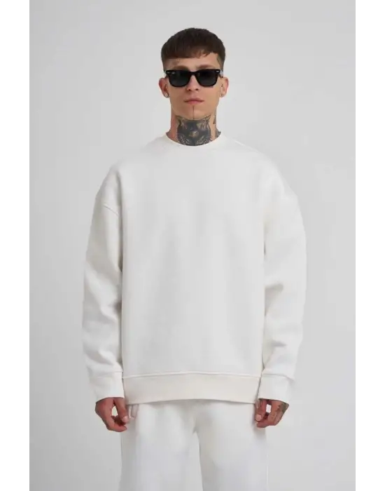 SBRD- Erkek Bisikilet Yaka 3 Plik Pamuklu Sweatshirt - Beyaz