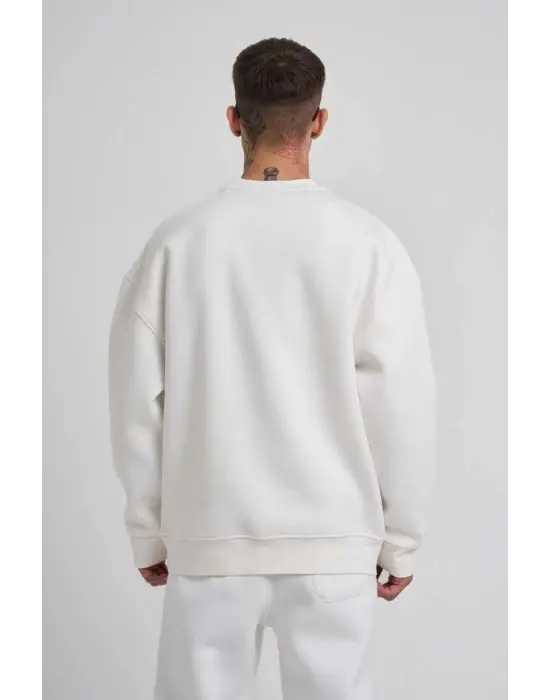 SBRD- Erkek Bisikilet Yaka 3 Plik Pamuklu Sweatshirt - Beyaz