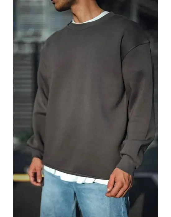 SBRD- Erkek Bisiklet Yaka 3 İplik Pamuklu Basic Sweatshirt  - Antrasit