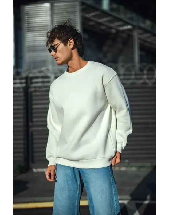 SBRD- Erkek  Bisiklet Yaka 3 İplik Pamuklu Basic Sweatshirt - Beyaz