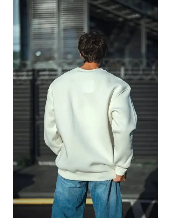 SBRD- Erkek  Bisiklet Yaka 3 İplik Pamuklu Basic Sweatshirt - Beyaz