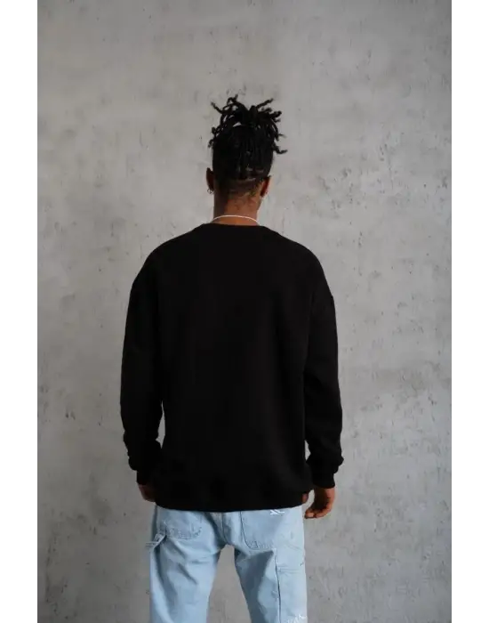 SBRD- Erkek Bisiklet Yaka Baskılı 3 İplik Pamuklu Sweatshirt -  Siyah