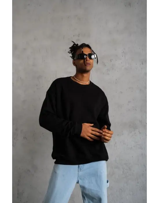 SBRD- Erkek Bisiklet Yaka Baskılı 3 İplik Pamuklu Sweatshirt -  Siyah