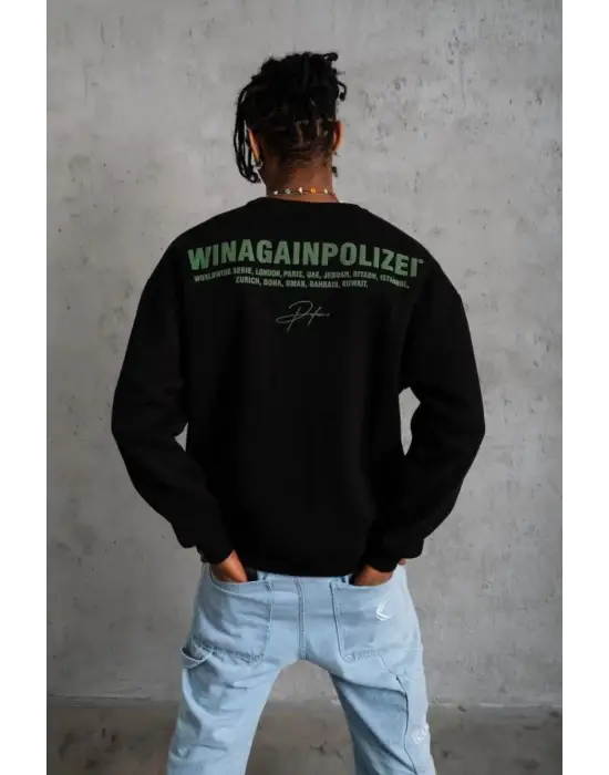 SBRD- Erkek Bisiklet Yaka Baskılı 3 İplik Pamuklu Sweatshirt - Siyah