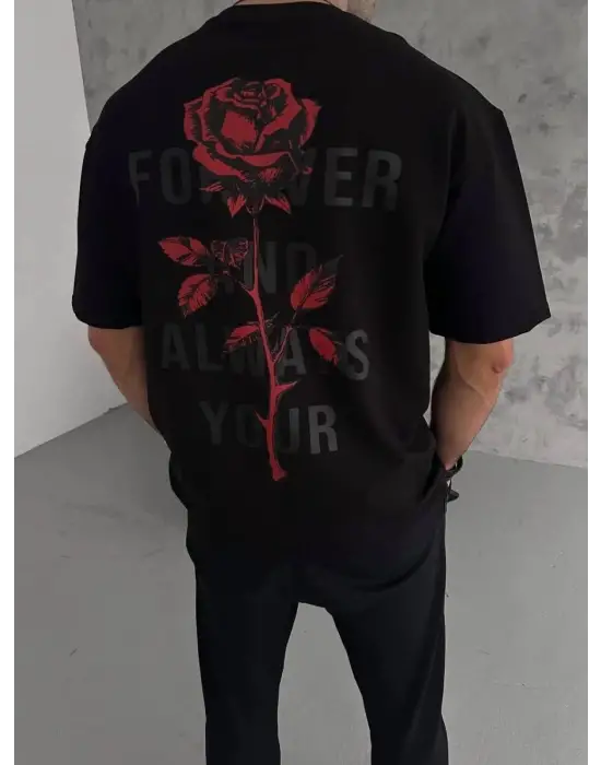 SBRD- Erkek Bisiklet Yaka Baskılı Oversize  Kısa Kol T-shirt - Siyah