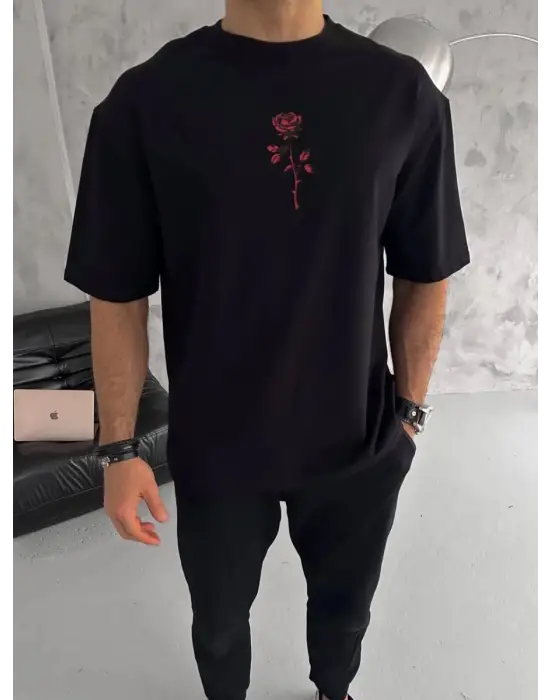 SBRD- Erkek Bisiklet Yaka Baskılı Oversize  Kısa Kol T-shirt - Siyah