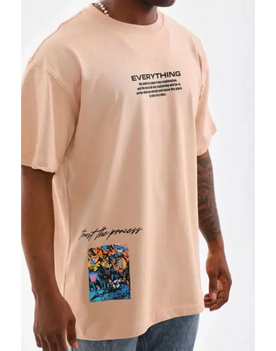 SBRD- Erkek  Bisiklet Yaka Baskılı Oversize T-shirt - Bej