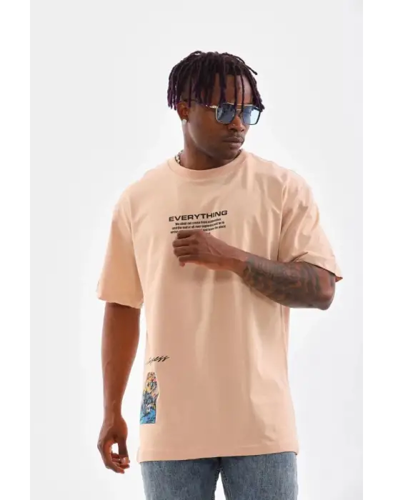SBRD- Erkek  Bisiklet Yaka Baskılı Oversize T-shirt - Bej