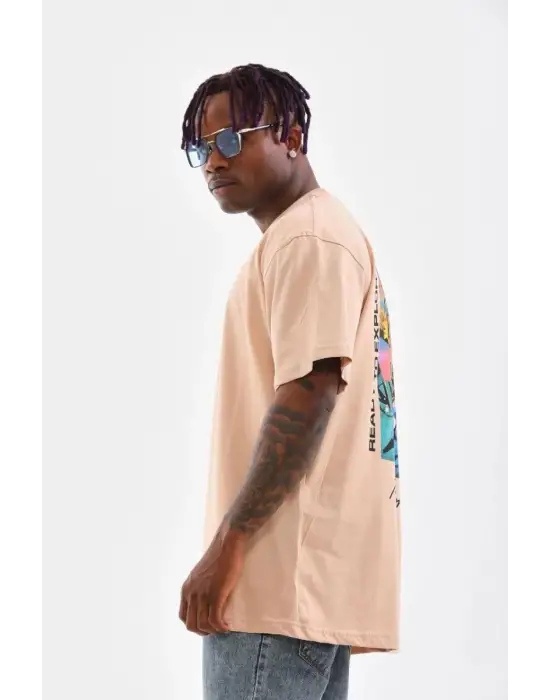 SBRD- Erkek  Bisiklet Yaka Baskılı Oversize T-shirt - Bej
