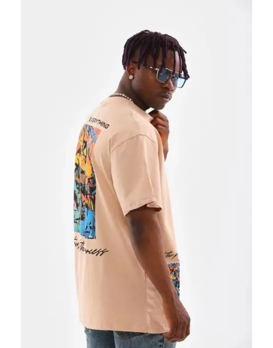 SBRD- Erkek  Bisiklet Yaka Baskılı Oversize T-shirt - Bej