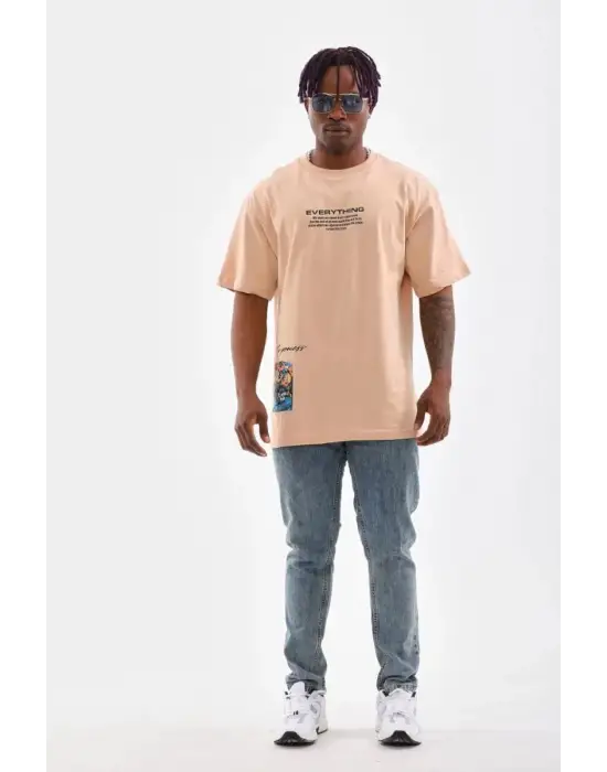 SBRD- Erkek  Bisiklet Yaka Baskılı Oversize T-shirt - Bej
