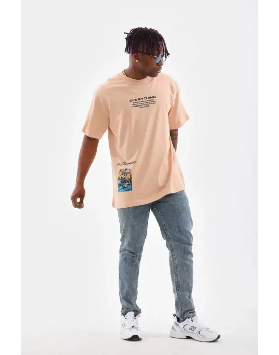 SBRD- Erkek  Bisiklet Yaka Baskılı Oversize T-shirt - Bej