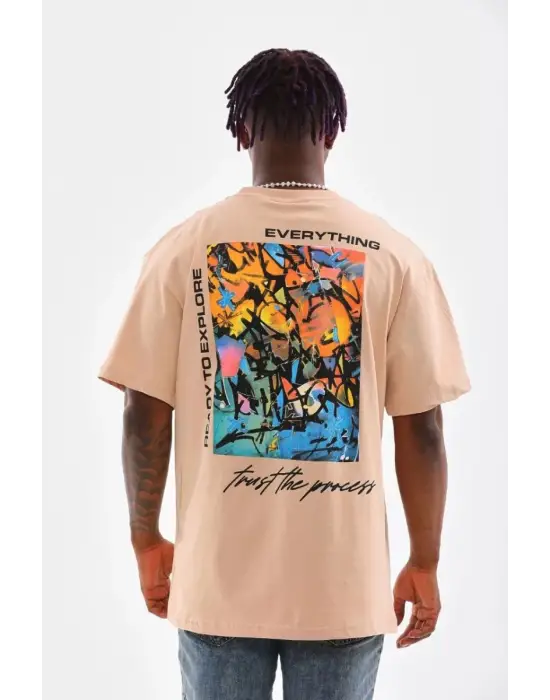 SBRD- Erkek  Bisiklet Yaka Baskılı Oversize T-shirt - Bej