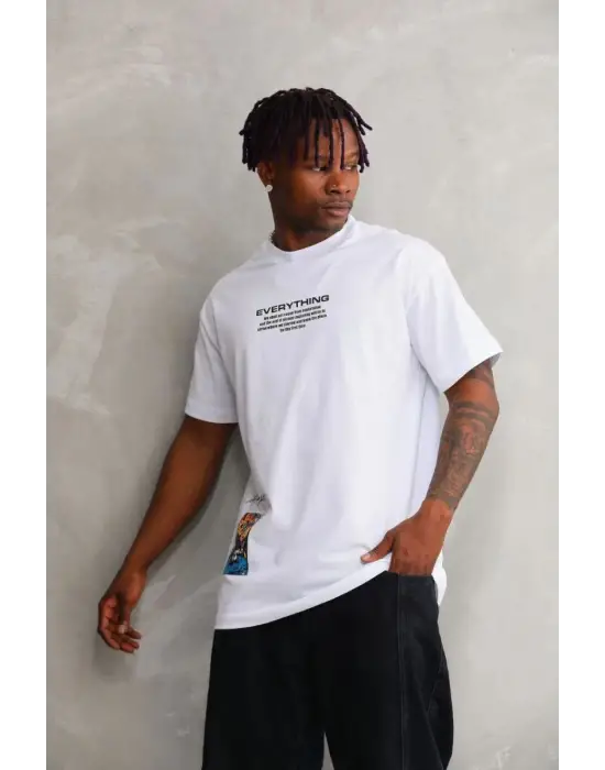 SBRD- Erkek Bisiklet Yaka Baskılı Oversize T-shirt - Beyaz