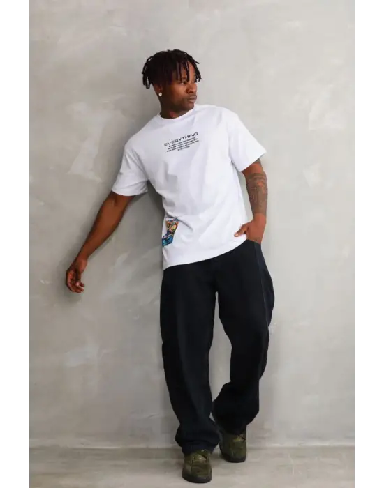 SBRD- Erkek Bisiklet Yaka Baskılı Oversize T-shirt - Beyaz