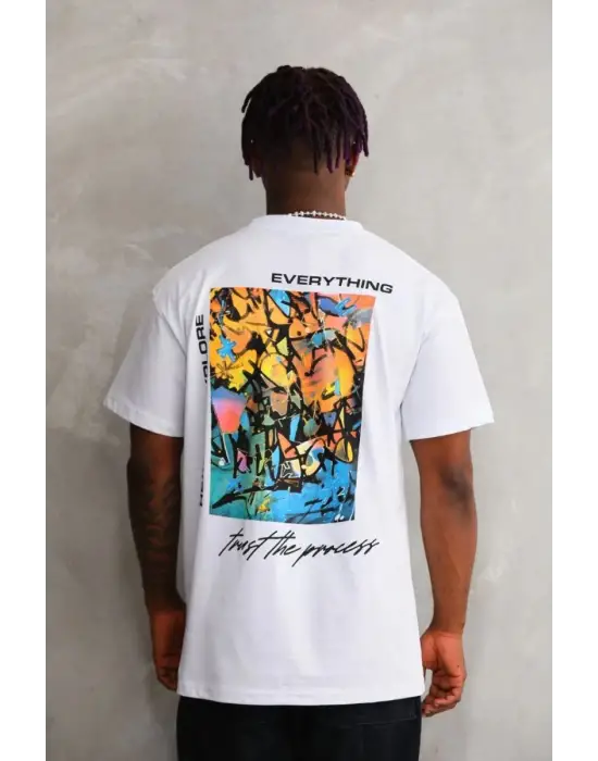 SBRD- Erkek Bisiklet Yaka Baskılı Oversize T-shirt - Beyaz