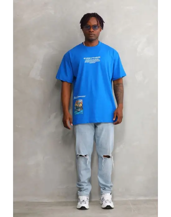 SBRD- Erkek Bisiklet Yaka Baskılı Oversize T-shirt - Mavi